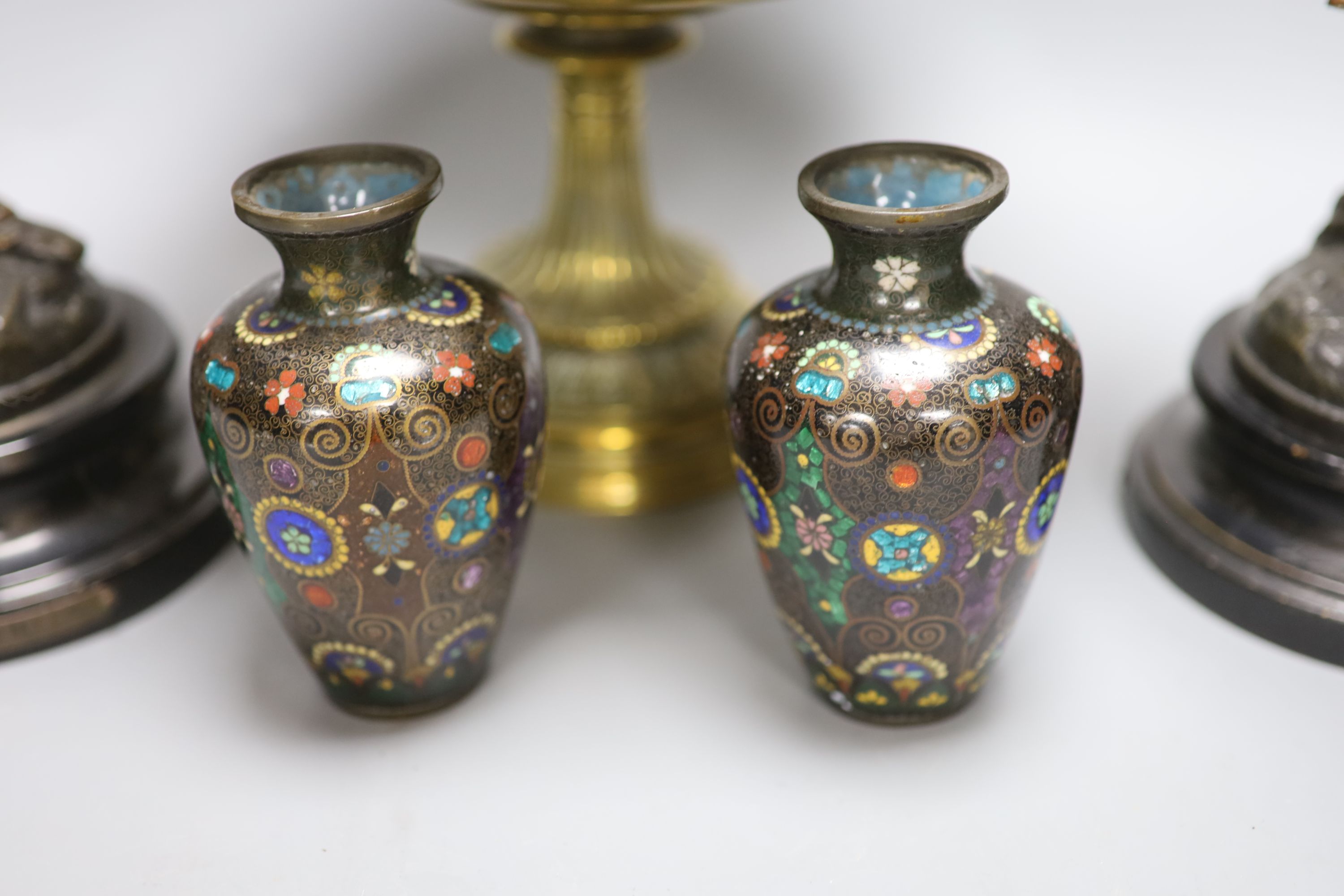 A pair of spelter figures, a pair of cloisonne vases and a Victorian brass and copper tazza, tallest 40cm